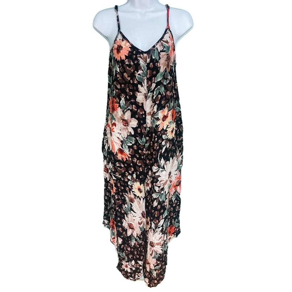 ODDY Black & Multicolor Floral Cheetah Print Wide Leg Jumpsuit Womens Size L
